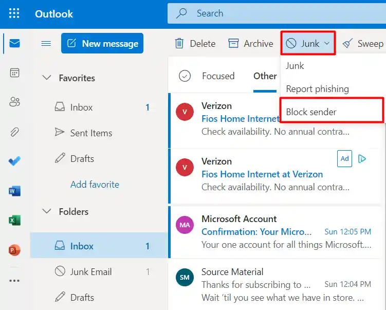 Block sender in outlook