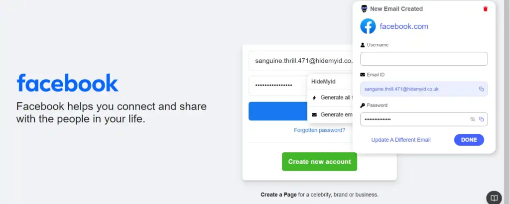 Email alias created for facebook using HideMyID Extension