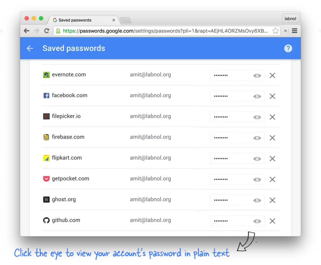 Saved passwords page of google